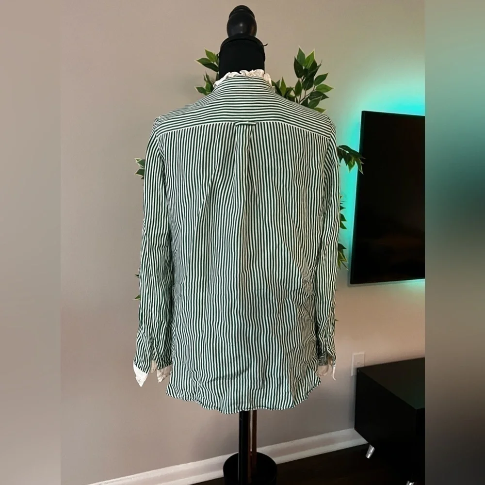 J.Crew Drapey Cupro Blend Ruffle Trim Striped Shirt White/Green size M